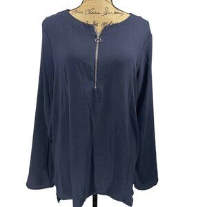 Ann Taylor Zip Front Blouse Navy Blue Size Large